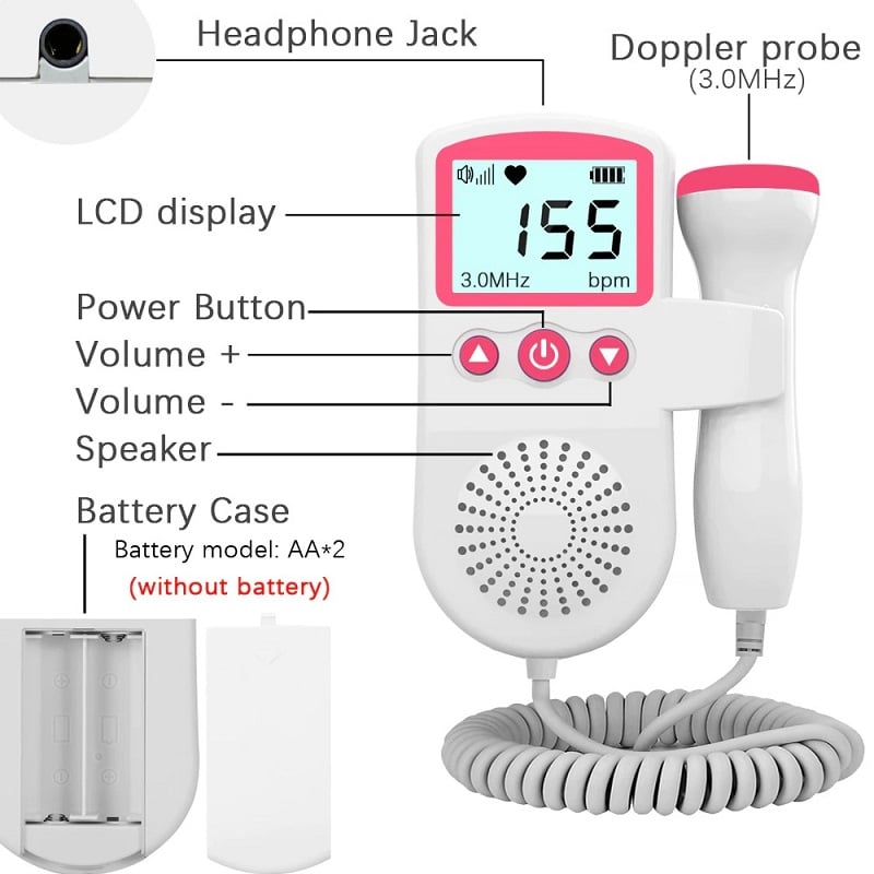 Portable Fetal Heart Rate Doppler with Backlit LCD and Built-in Speaker