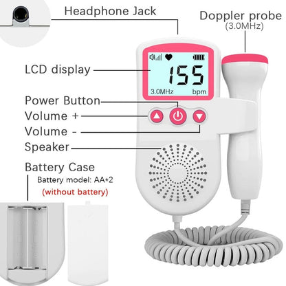 Portable Fetal Heart Rate Doppler with Backlit LCD and Built-in Speaker