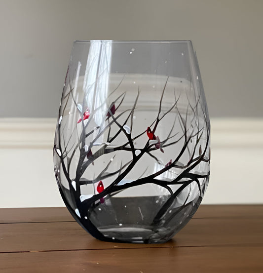 Hand Painted Wine Glasses with Four Seasons Tree Design, Dishwasher Safe