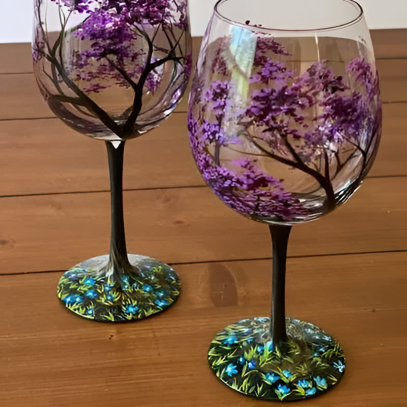 Hand Painted Wine Glasses with Four Seasons Tree Design, Dishwasher Safe