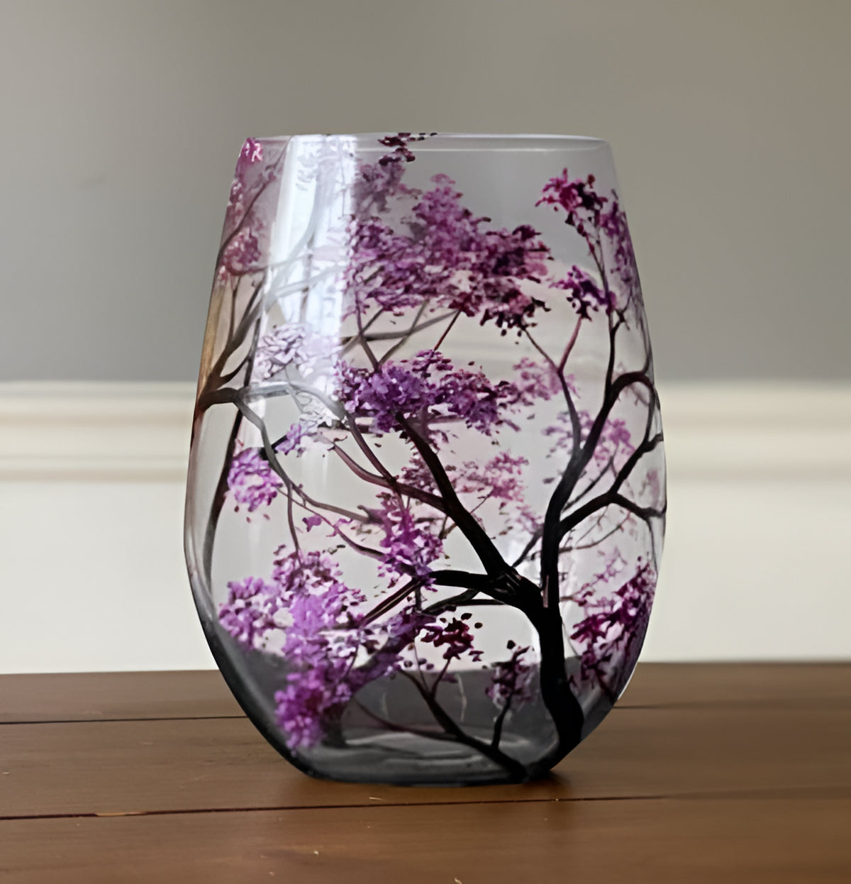 Hand Painted Wine Glasses with Four Seasons Tree Design, Dishwasher Safe