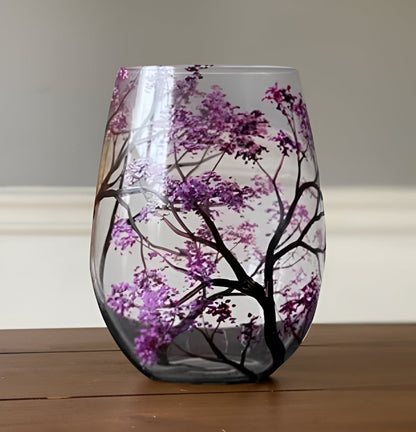 Hand Painted Wine Glasses with Four Seasons Tree Design, Dishwasher Safe