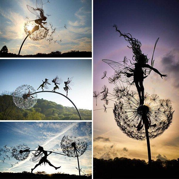 Metal Fairy Garden Stakes with Dandelion Designs, Weather Resistant