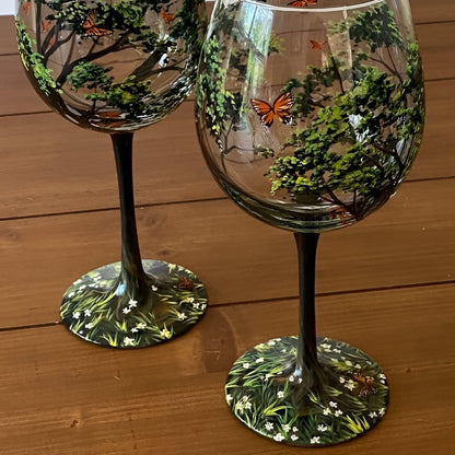 Hand Painted Wine Glasses with Four Seasons Tree Design, Dishwasher Safe