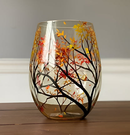 Hand Painted Wine Glasses with Four Seasons Tree Design, Dishwasher Safe