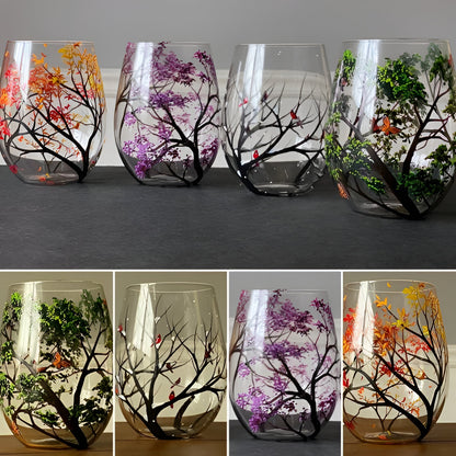 Hand Painted Wine Glasses with Four Seasons Tree Design, Dishwasher Safe