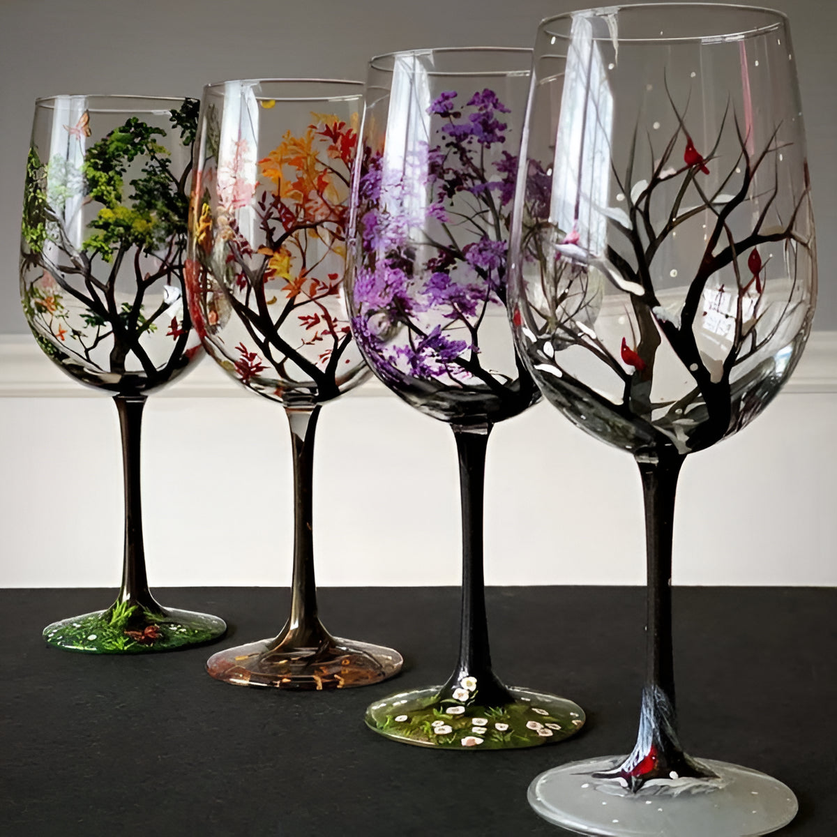 Hand Painted Wine Glasses with Four Seasons Tree Design, Dishwasher Safe