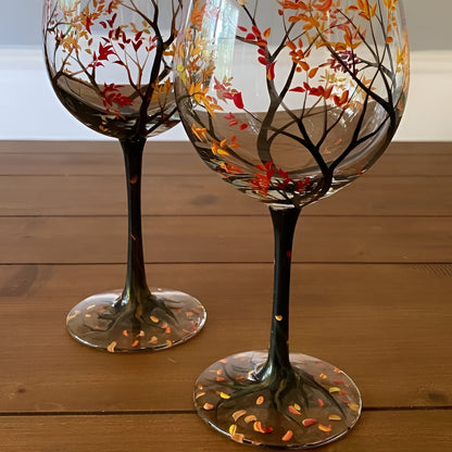 Hand Painted Wine Glasses with Four Seasons Tree Design, Dishwasher Safe
