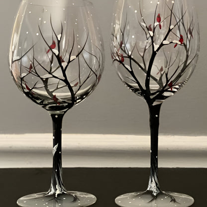 Hand Painted Wine Glasses with Four Seasons Tree Design, Dishwasher Safe
