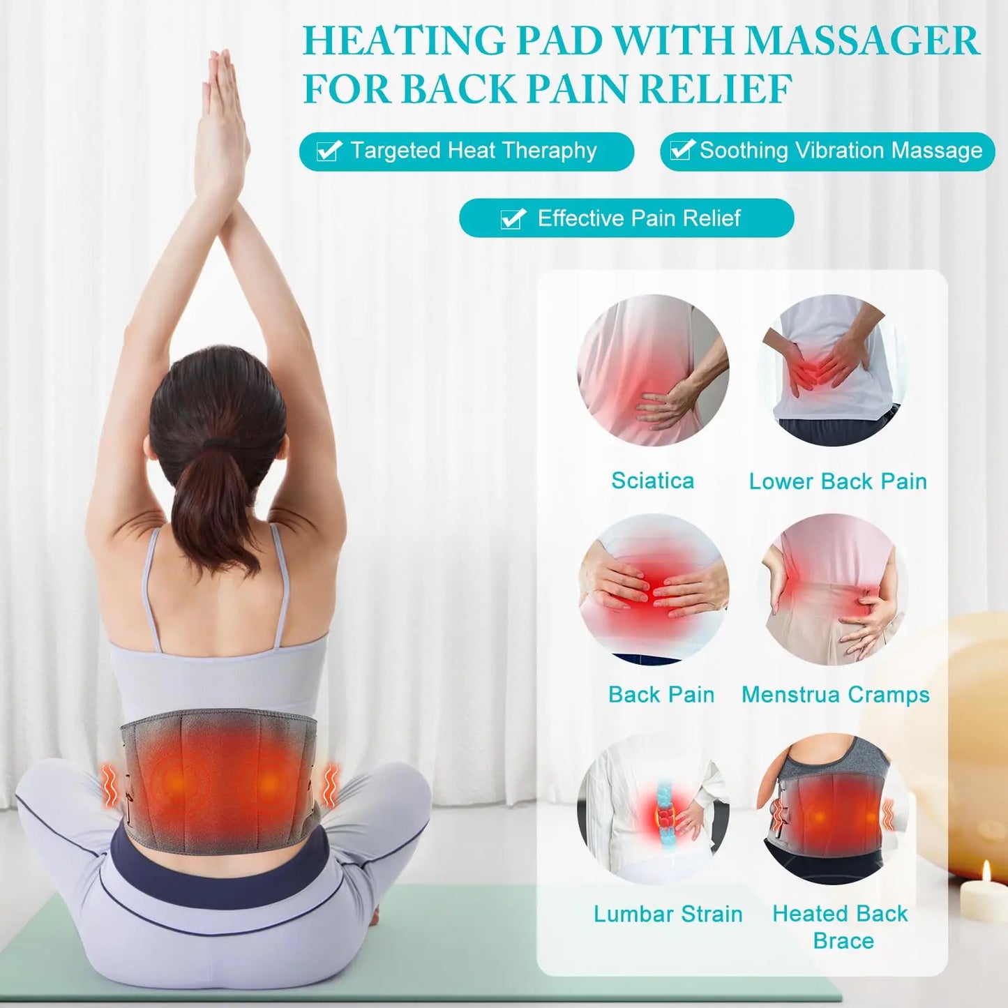 Cordless Lower Back Heating Pad with Vibration Massage and Red Light Therapy