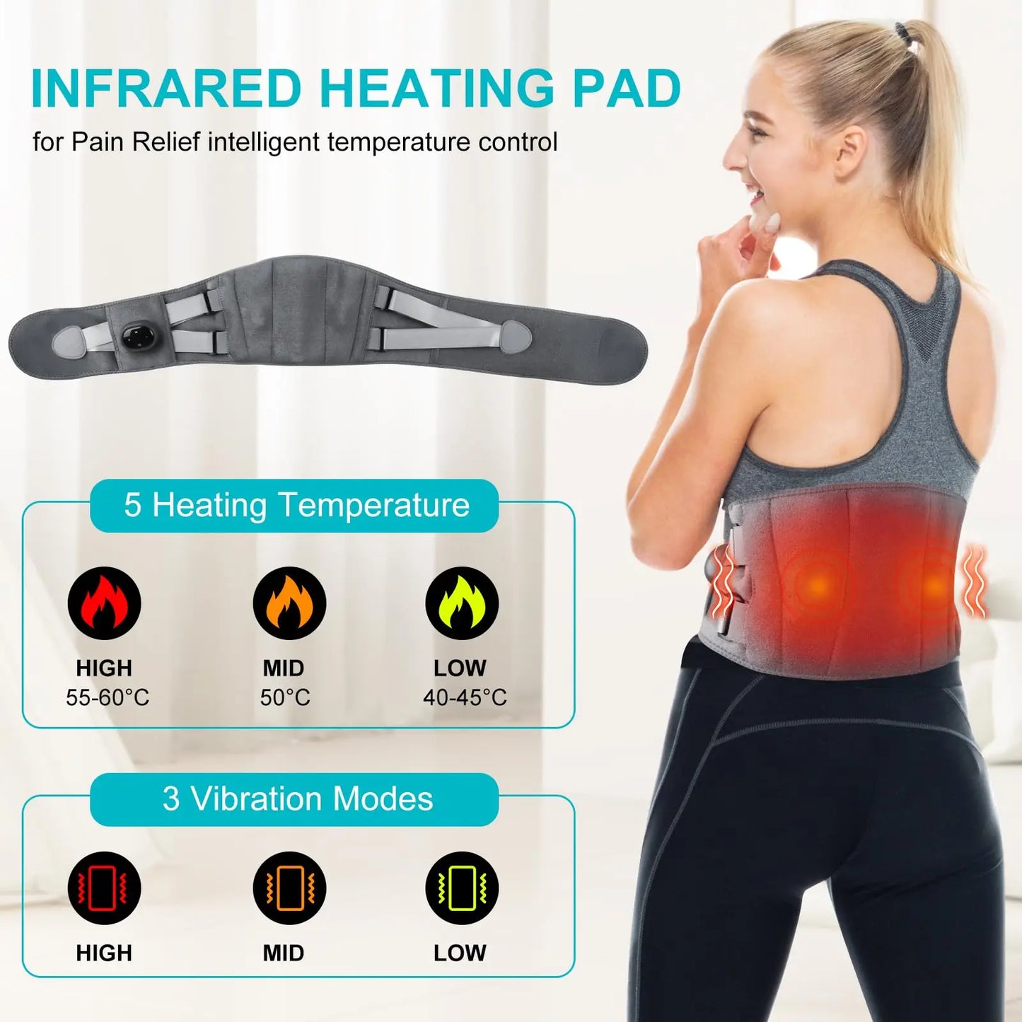 Cordless Lower Back Heating Pad with Vibration Massage and Red Light Therapy